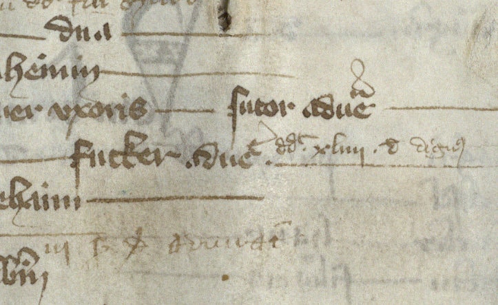 Ausschnittvergrößerung des Eintrags im Steuerbuch von 1367 über die Ankunft von Hans Fugger als erstem Fugger in Augsburg. Quelle: Stadtarchiv Augsburg