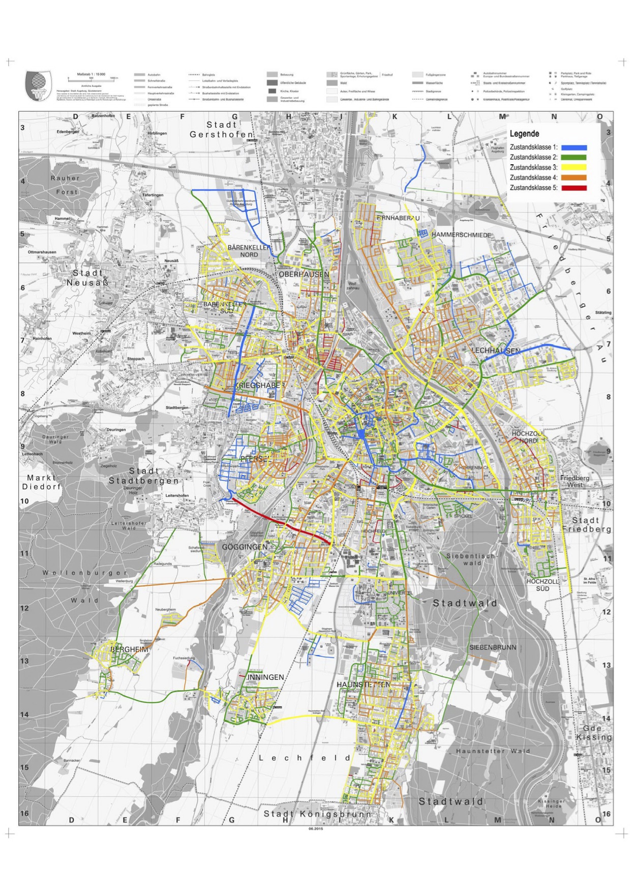 Rot bedeutet akut sanierungsbedürftig, blau markiert den bestmöglichen Zustand. Grafik: Stadt Augsburg